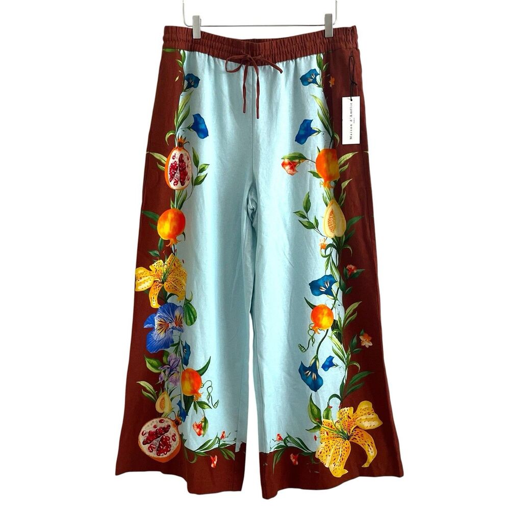 Maison D'Amelie Fruit Floral linen wide leg Pants XL Brown Aqua Palazzo Resort